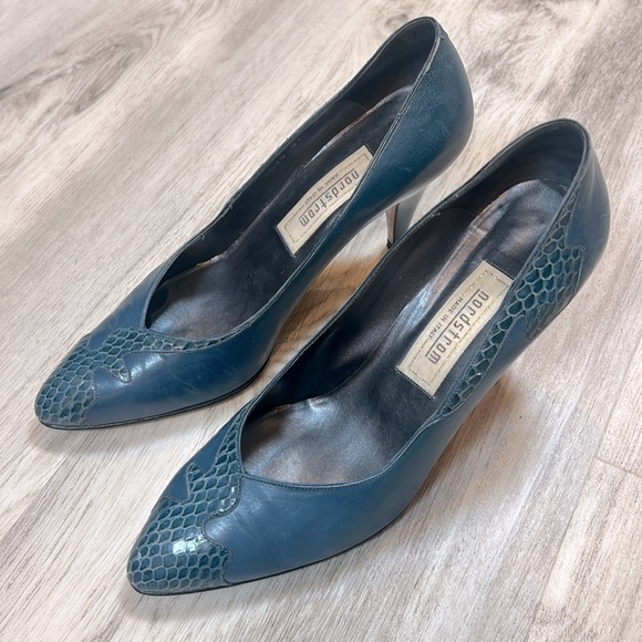 Vintage Nordstrom Italian Made Leather Heels Deep Blue Snakeskin Detail Pumps - Picture 3 of 10